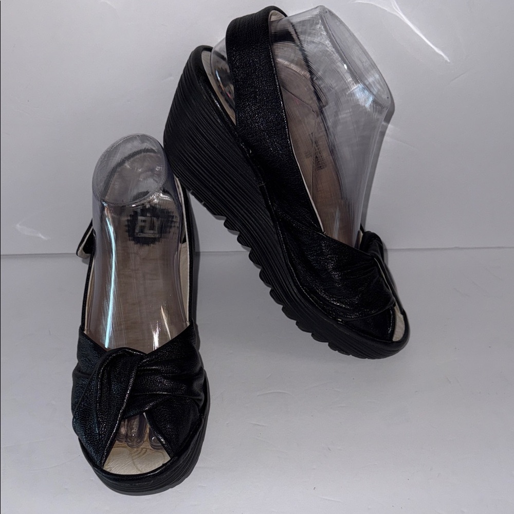 Fly London Yakin Wedge Peep Toe Platform Slingback Sandals Black Women’s Size 39
